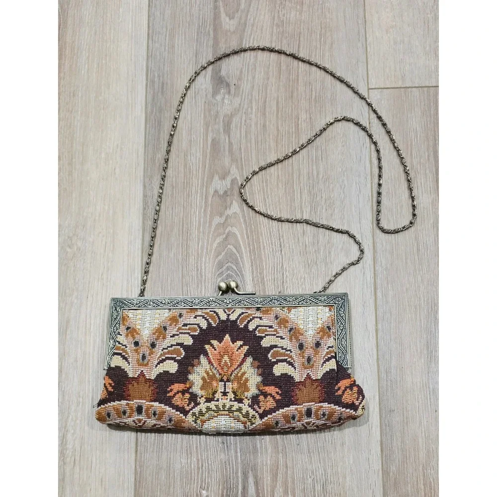 Tapestry Clutch Women OS Brown Excellent Vintage Floral Kiss-Lock Evening Purse